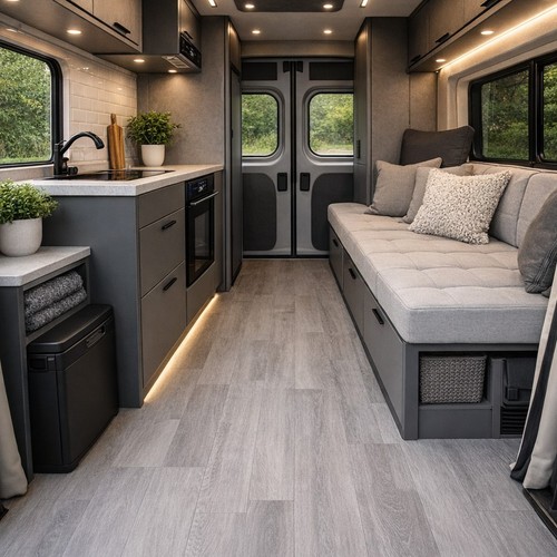 Grey wood effect camper van - wood,